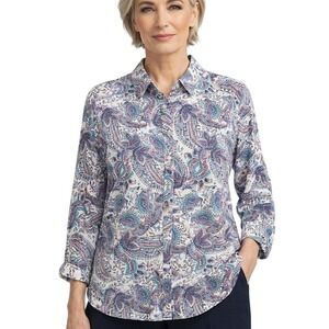 Talbots Paisley Blouse Womens XL Button‎ Long Sleeve Cotton Lightweight Roll Tab